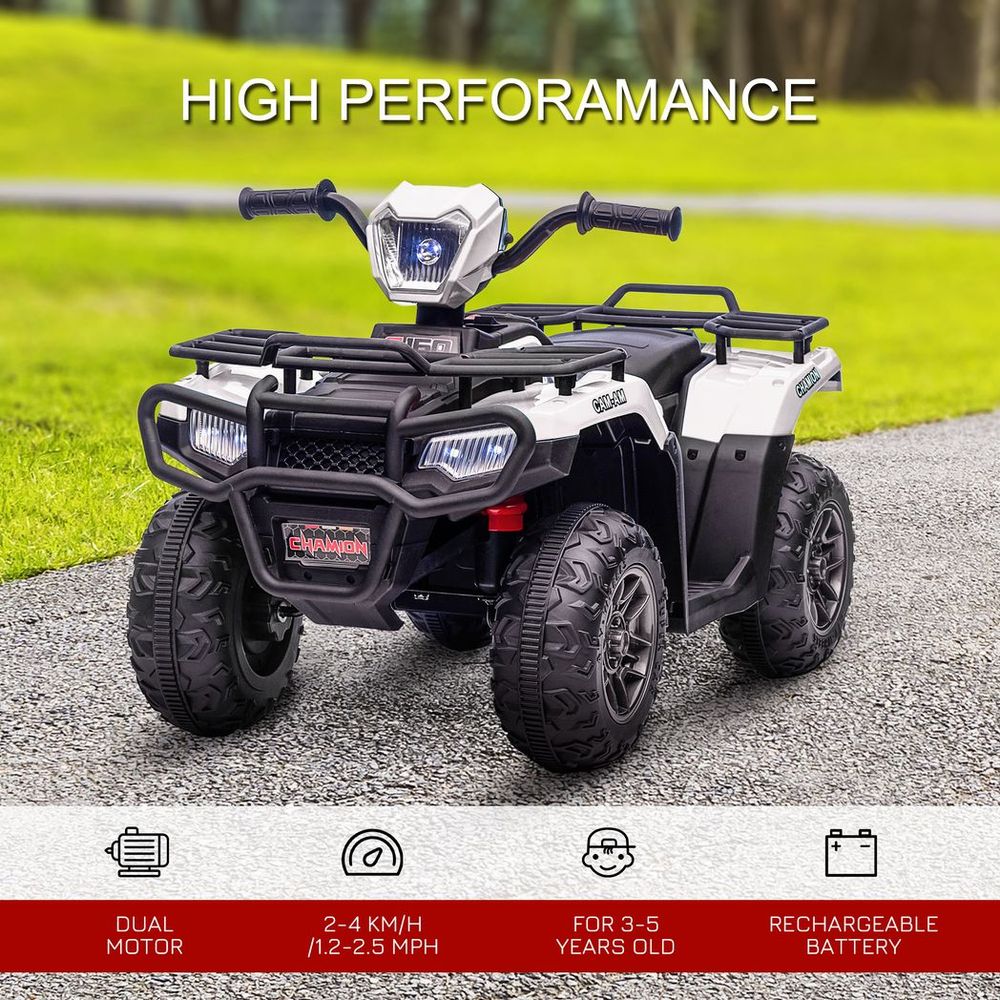 White kids electric quad bike on outdoor path with four LED lights