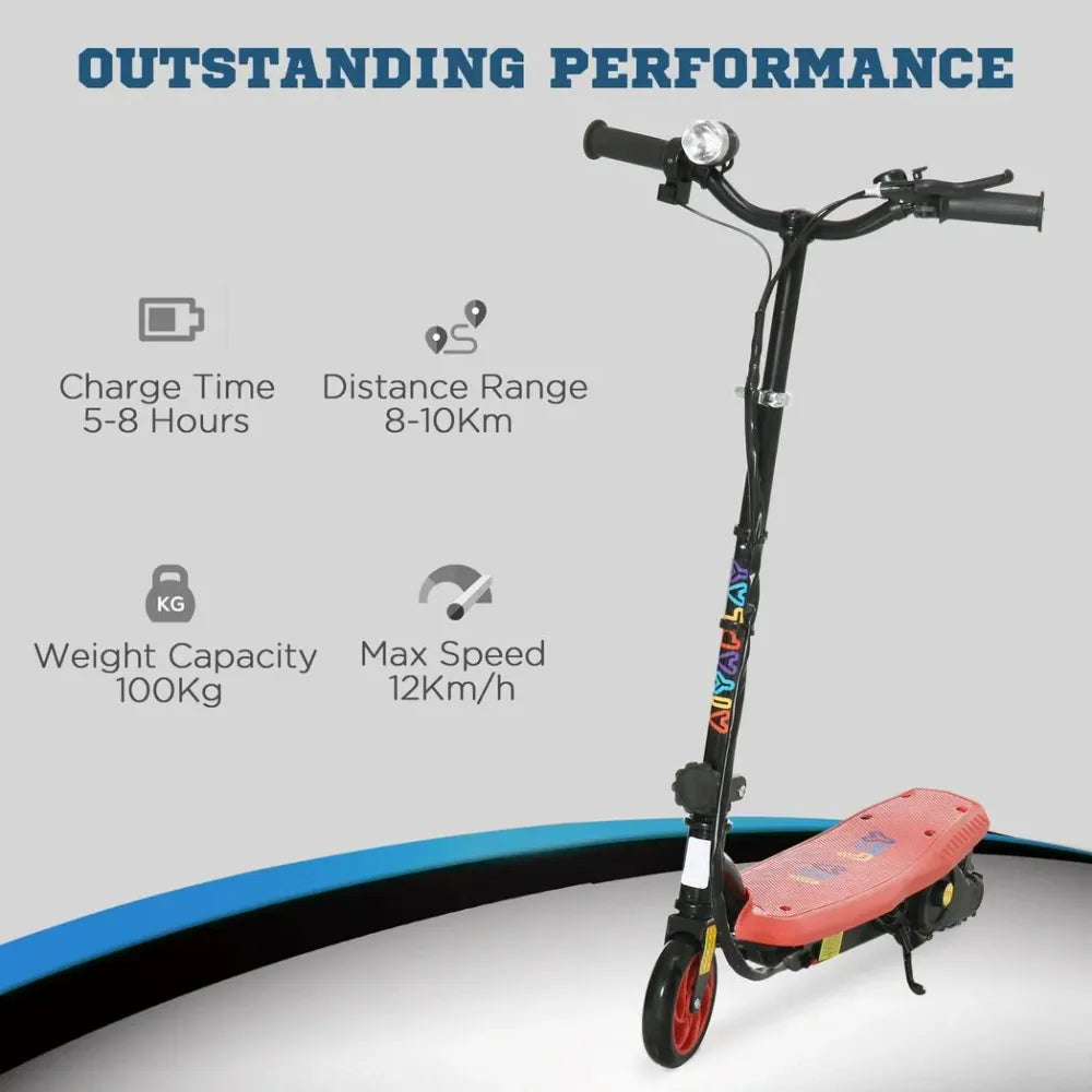Electric scooter with red deck and black stem, LED headlight and front wheel