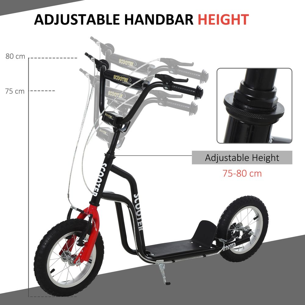 Kids kick scooter with adjustable handlebar, black frame, red front wheel, padded deck