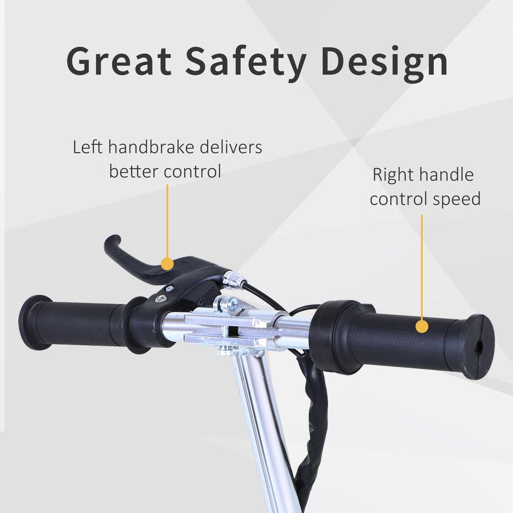 Electric scooter close-up of handlebars with black grips and left brake lever