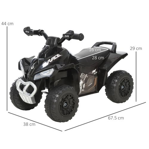 Black toddler quad ride-on car with wide wheels and front bumper guard