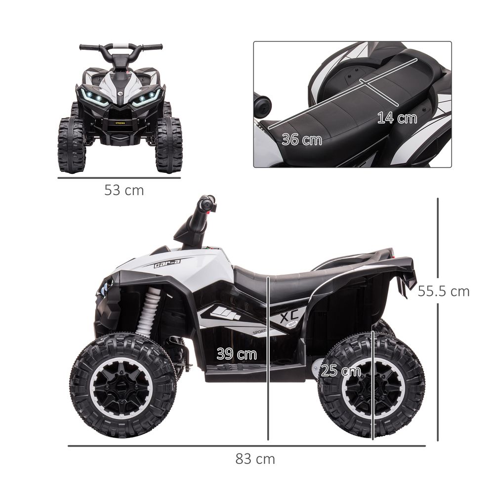 White and black kids electric quad bike side view with seat and wheel details, size diagram