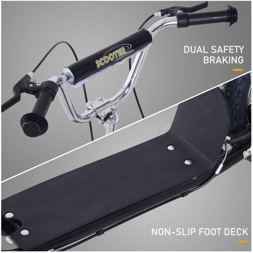 Black stunt scooter with textured handle grips, dual safety brake, and non-slip foot deck