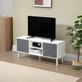 TV cabinet stand with white frame, gray foldable drawers, and open center shelves