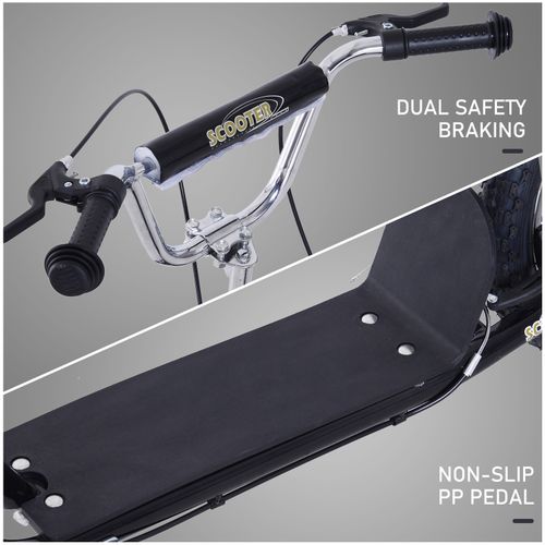 Kick scooter close-up with black non-slip pedal, chrome brake parts, dual braking