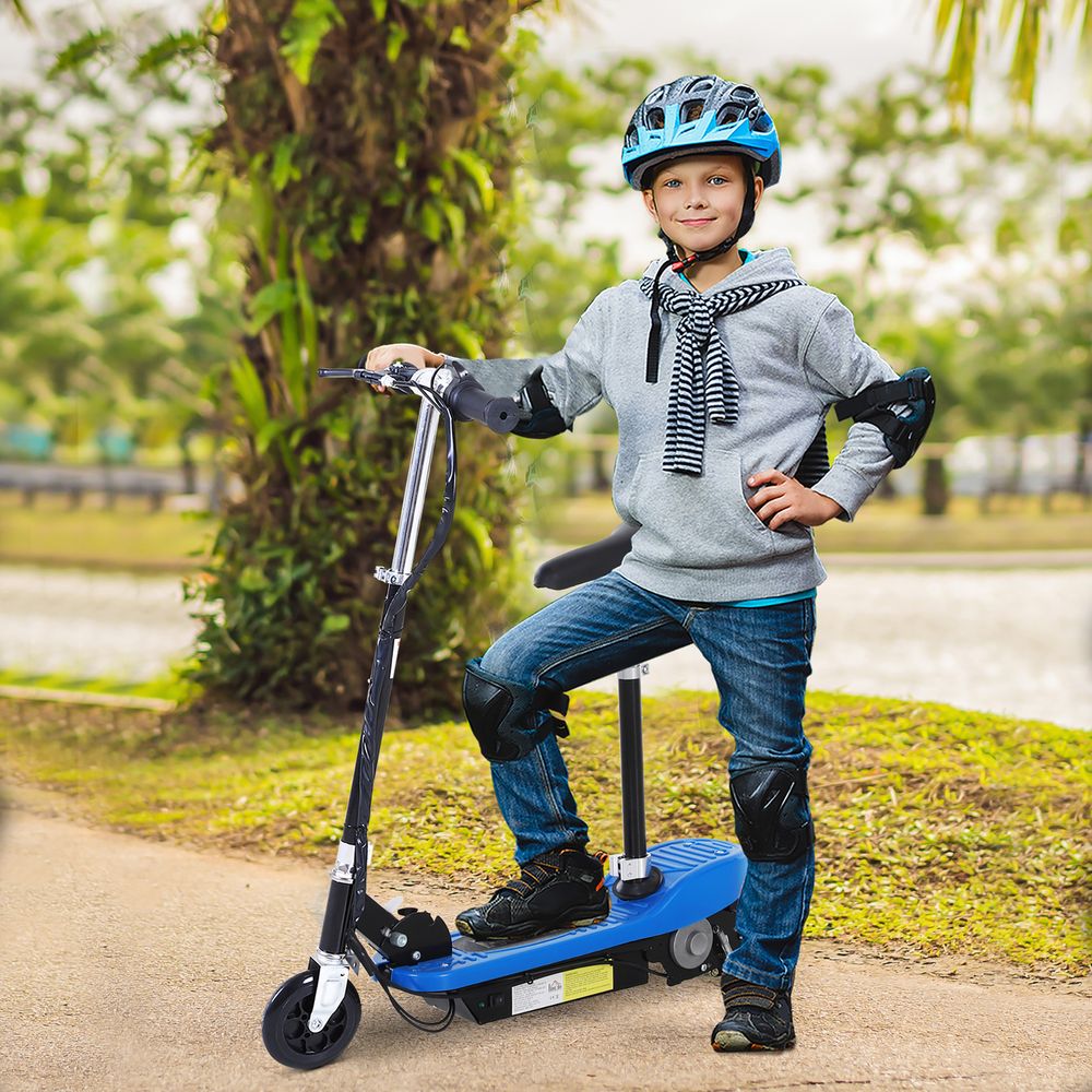 Kids electric ride-on scooter, blue base and black wheels, child riding outdoors