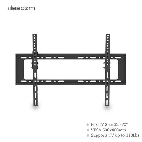 Black TV wall mount bracket with long mounting rail and four-hole arm plates