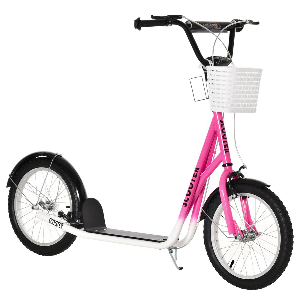 Kids ride-on scooter with pink frame, white front basket, black tires, and mudguard
