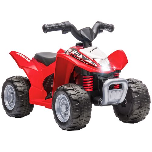 Red kids electric quad bike with black seat, front bumper, and four rugged tires