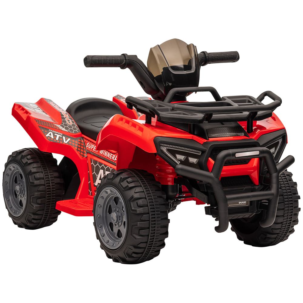 Red kids electric quad bike with black handlebar and front bumper.