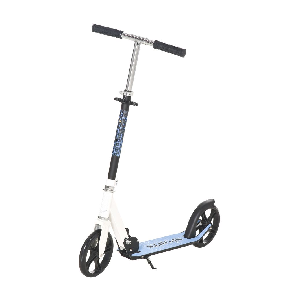 Foldable kick scooter in white with blue patterned stem, black grips and wheels.