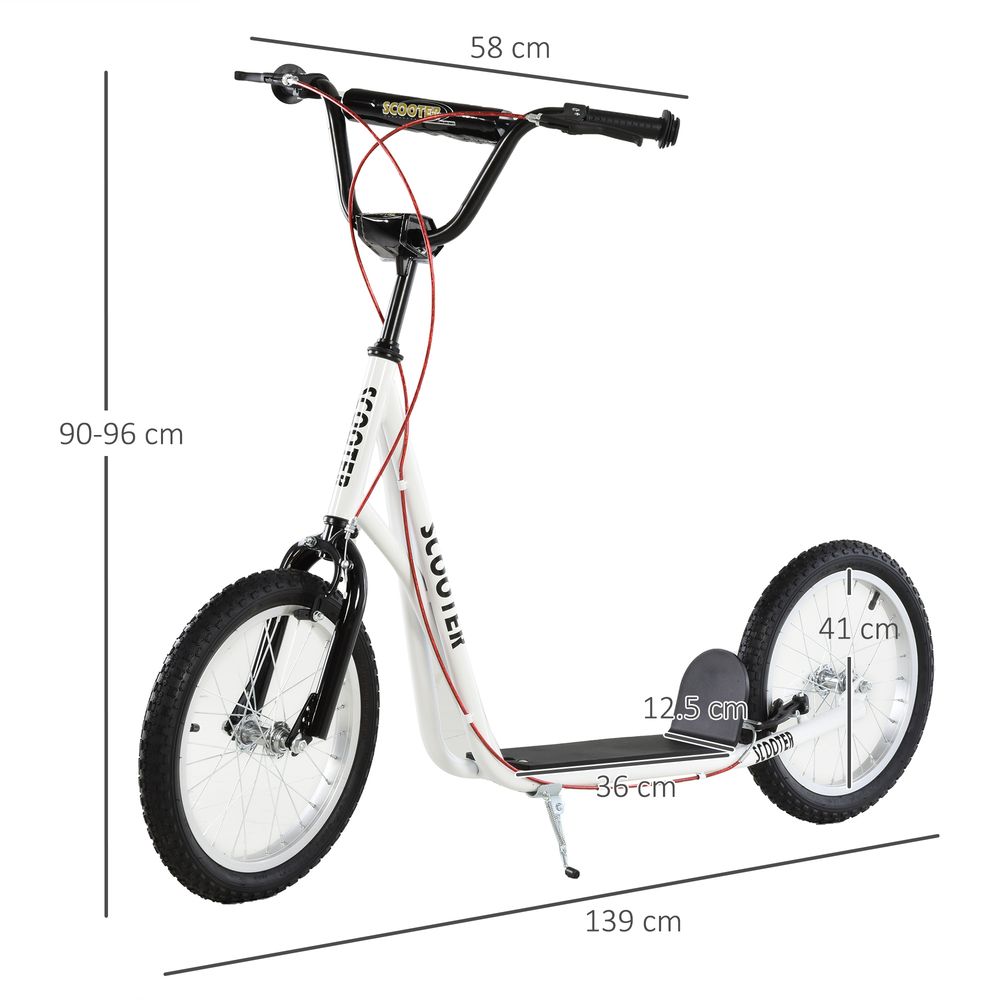 White kids kick scooter with labeled dimensions, black handlebars, and large rubber wheels