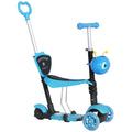 Blue 3-wheel kids kick scooter with push handle, removable seat and backrest