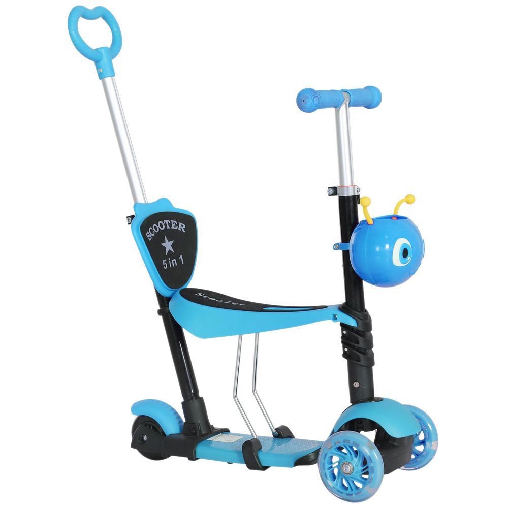 Blue 3-wheel kids kick scooter with push handle, removable seat and backrest