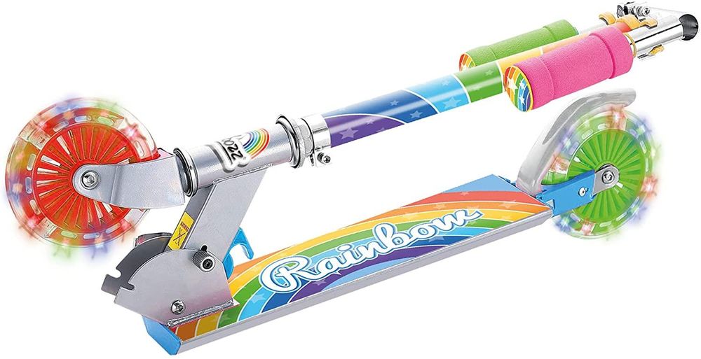 Rainbow scooter with flashing wheel lights, colorful deck, and green-pink handle grips