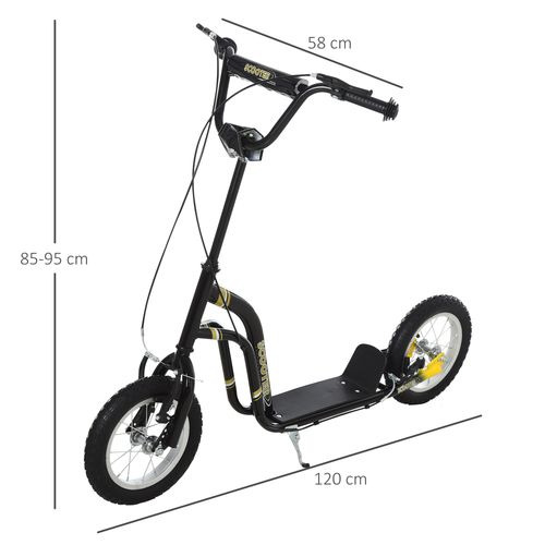 Kids stunt scooter, black frame with wide deck and 12-inch front wheel; adjustable handlebar.