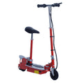 Red foldable powered scooter with black seat, handlebar, and front wheel