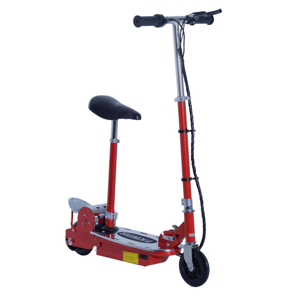 Red foldable powered scooter with black seat, handlebar, and front wheel