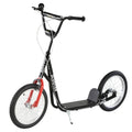 Kids kick scooter with black frame, red front wheel, inflatable tires, rear platform deck