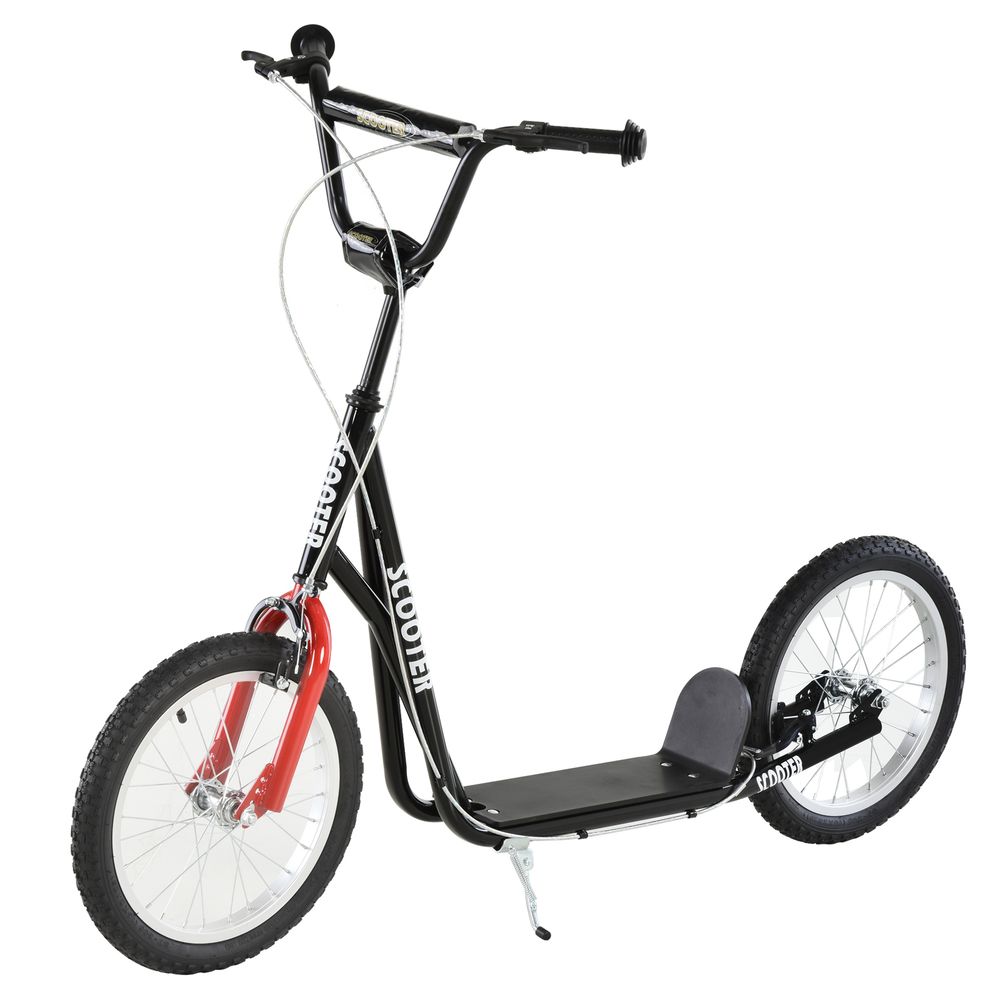 Kids kick scooter with black frame, red front wheel, inflatable tires, rear platform deck