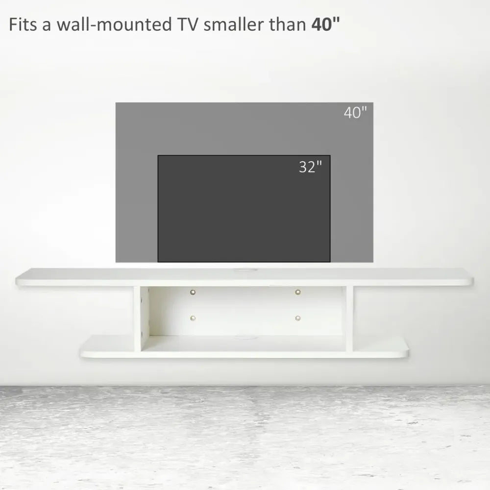 White floating TV console with two side shelves and an open middle section