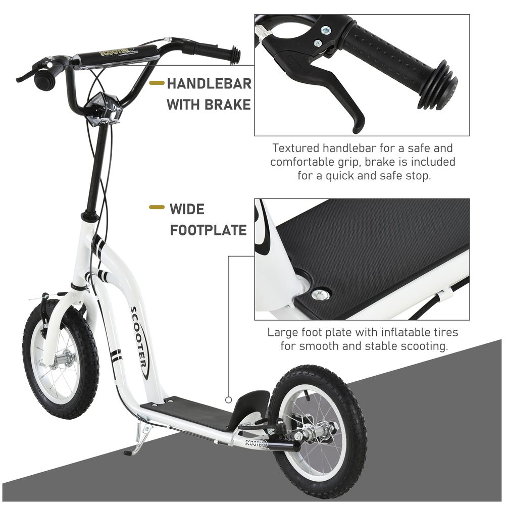 White kids scooter with brake handlebar and wide footplate, black seat, 12-inch tires