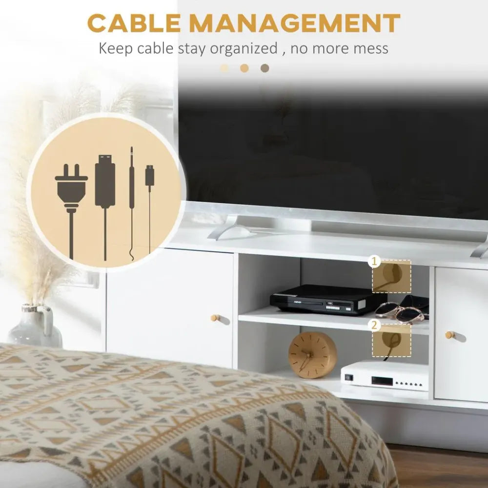 White TV stand with inner shelves for electronics and cable pass-through, open side doors.