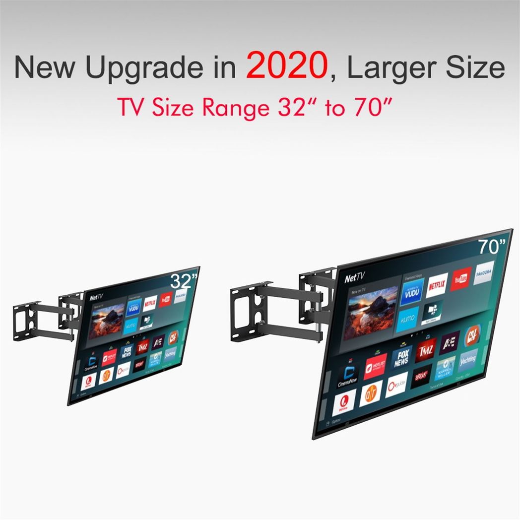 Corner full motion TV wall mount bracket showing TV in extended viewing positions