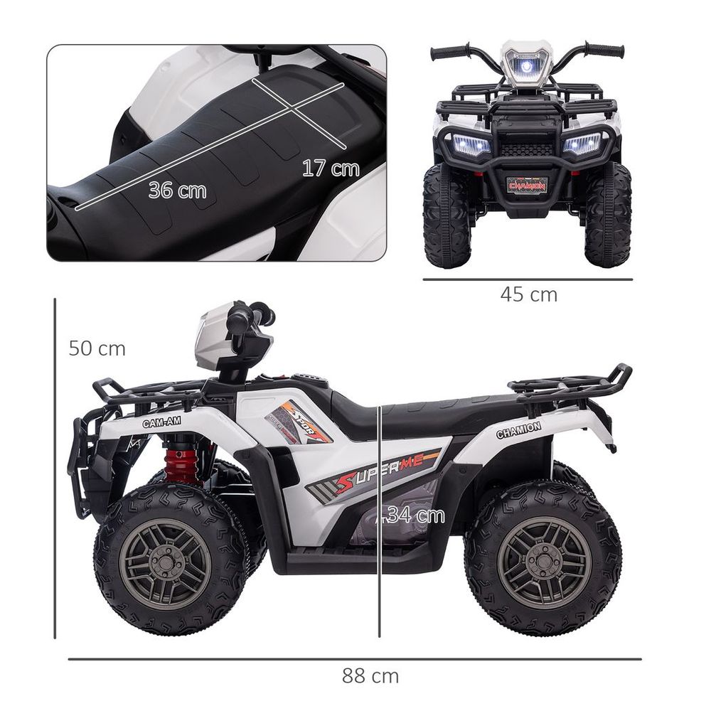 White and black kids electric quad bike with seat and wheel size dimensions