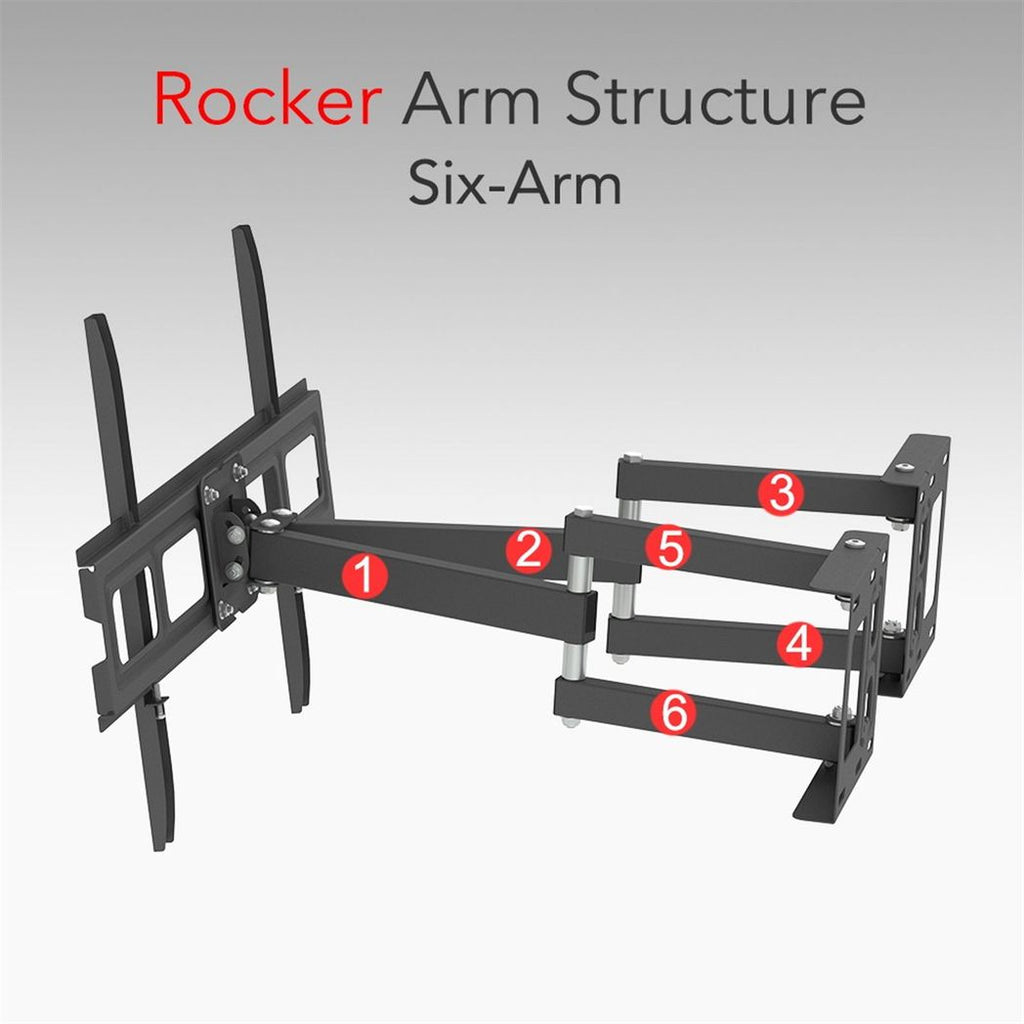 Six-arm rocker mechanism for full motion TV wall mount with VESA mounting plate