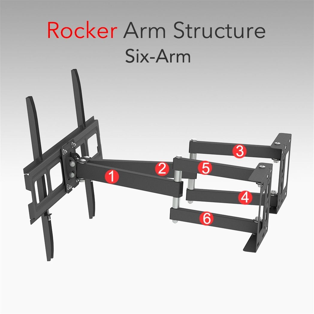 Six-arm rocker mechanism for full motion TV wall mount with VESA mounting plate