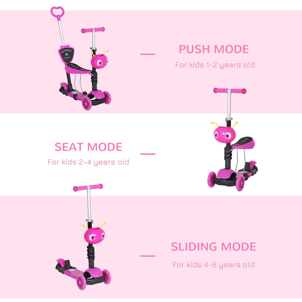 Pink kids kick scooter shown in push, seat, and sliding modes