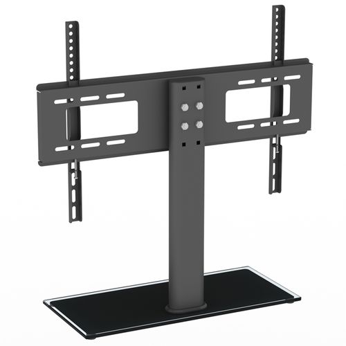 Black TV mount bracket with column stand and wall-mounting rails, front view