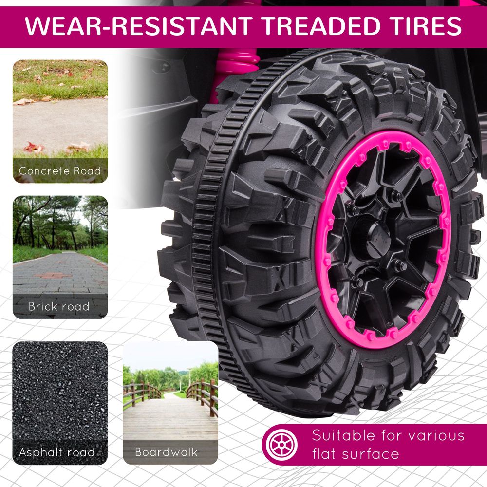 Kids electric quad bike tire with rugged tread pattern and pink rim accents on black wheel