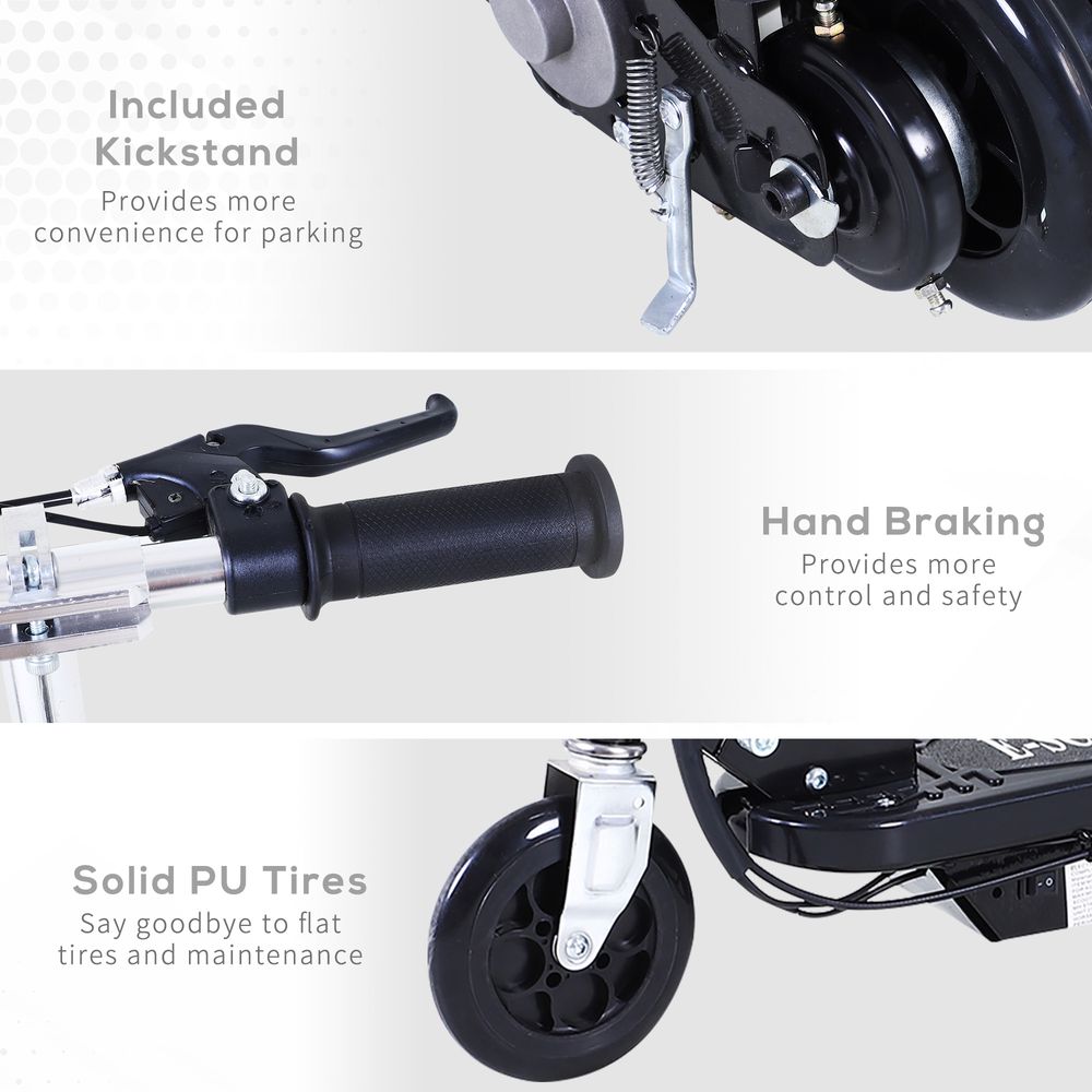 Black electric scooter details: hand brake, kickstand, and solid PU tires