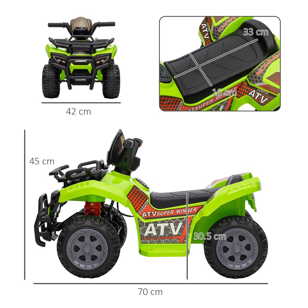 Lime green ride-on quad bike ATV with black front bumper and wheels