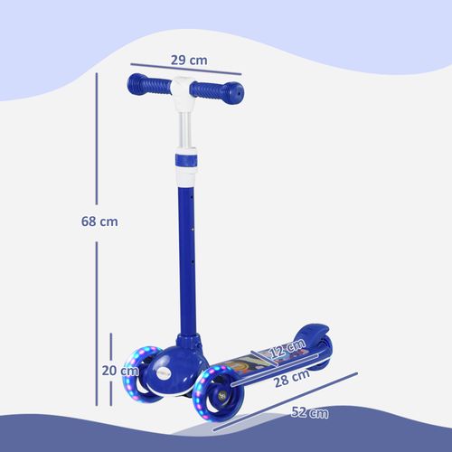 Blue adjustable-height 3-wheel scooter with deck and LED front wheels