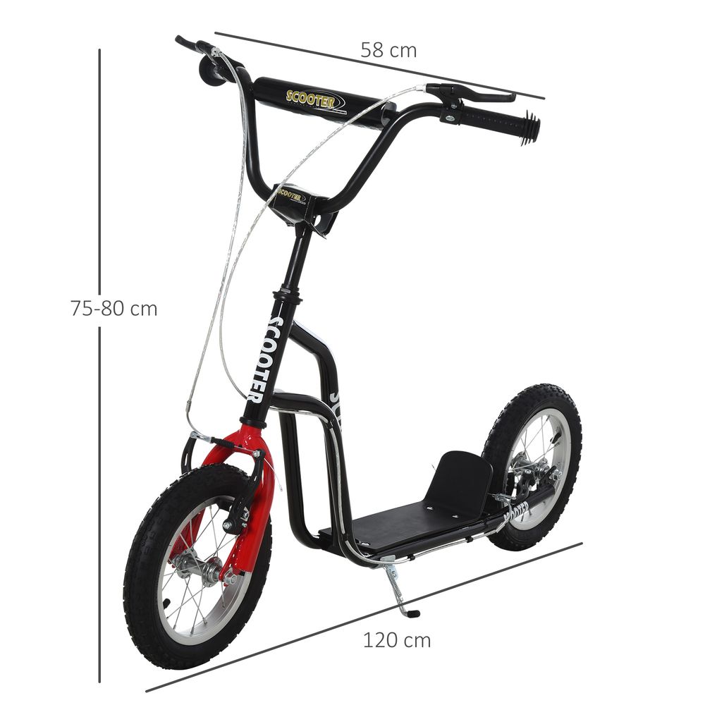 Kids kick scooter with adjustable handlebar, black frame, red front wheel, padded deck