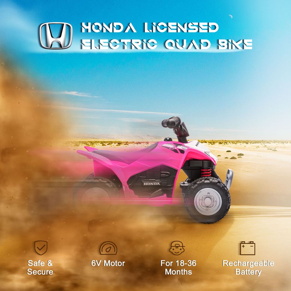 Pink electric quad bike with black seat, red rear suspension, and front wheels