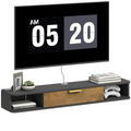 Floating grey TV console with media shelf and open storage compartments