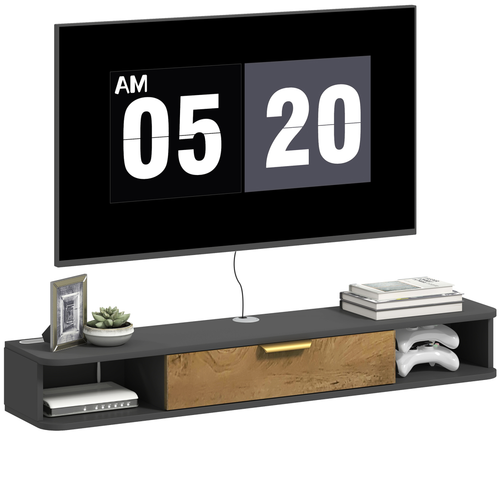 Floating grey TV console with media shelf and open storage compartments