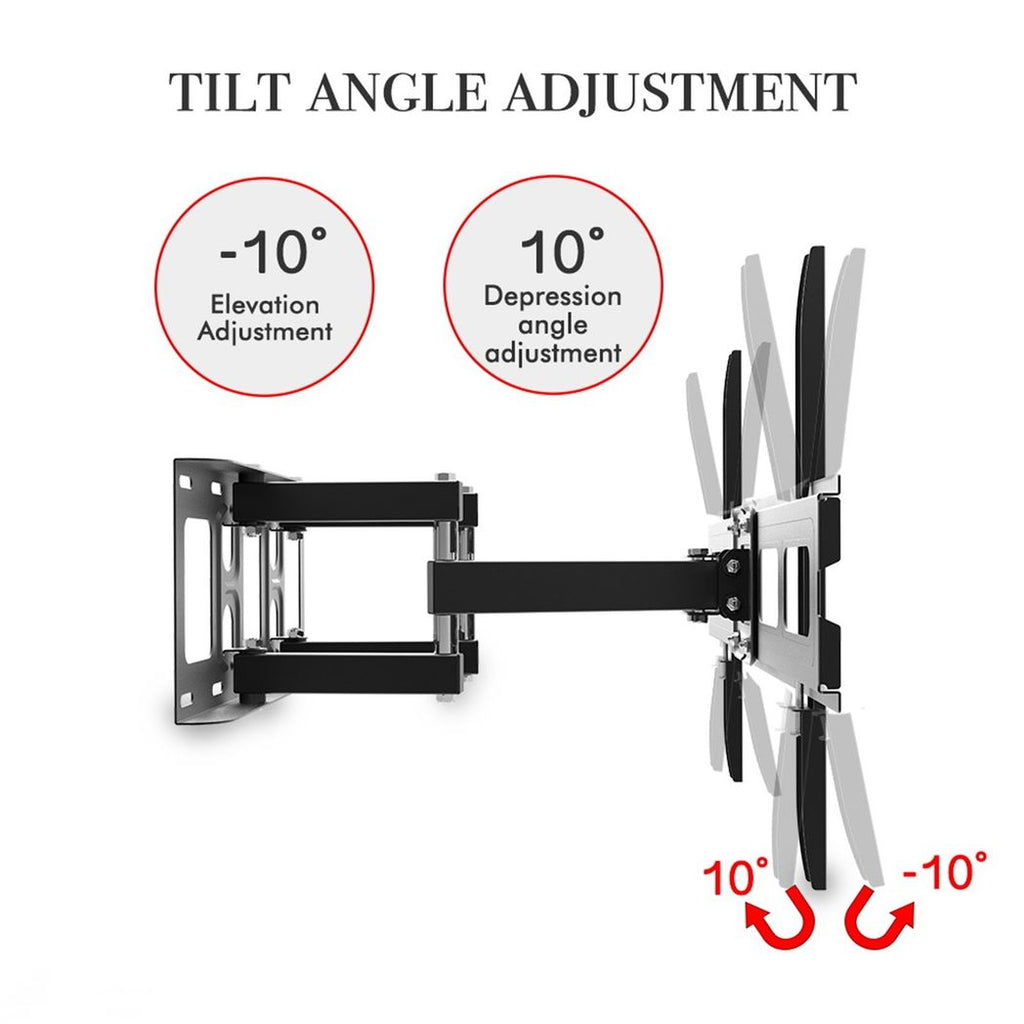 Black tilting TV wall mount bracket showing adjustable up and down viewing angles