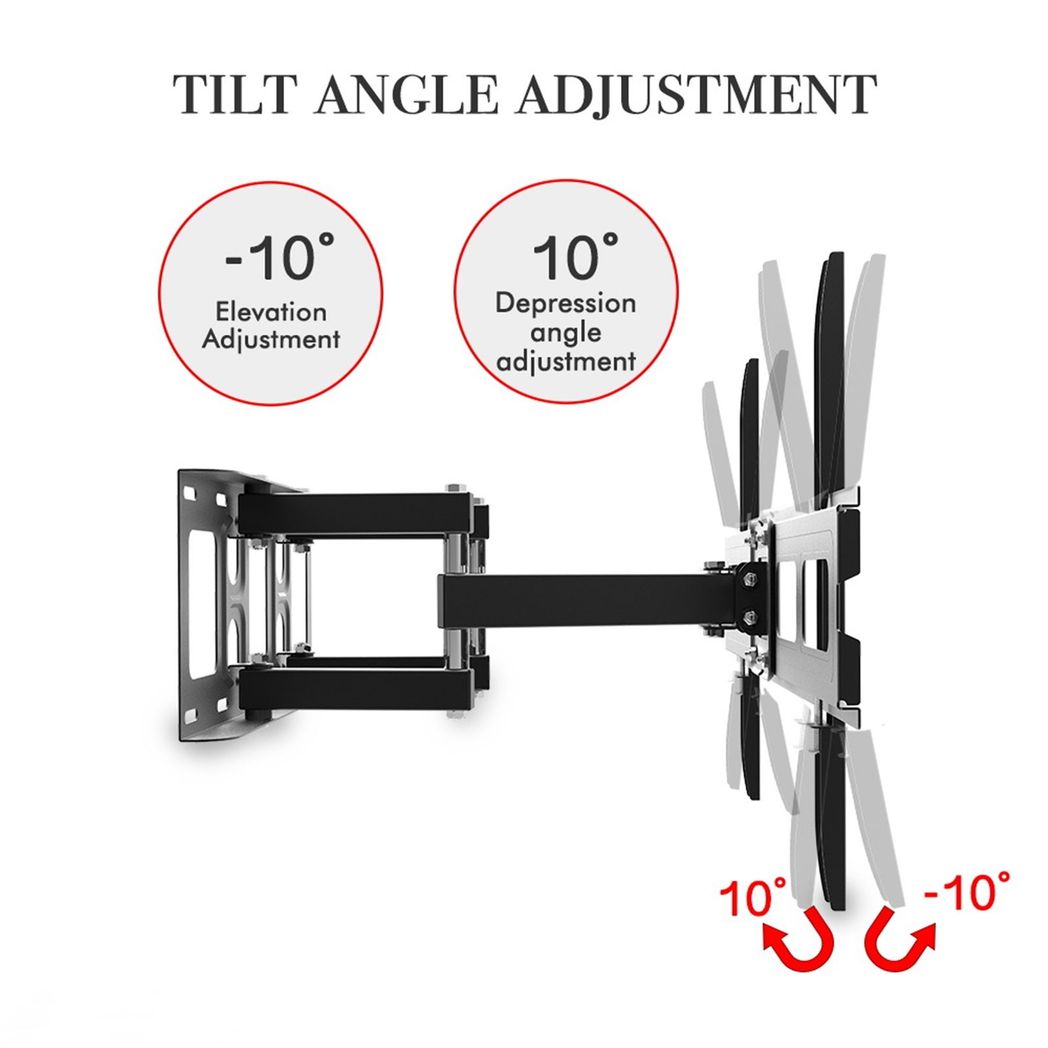 Black tilting TV wall mount bracket showing adjustable up and down viewing angles