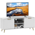 White TV stand cabinet with ribbed side doors, open center shelf, and gold tapered legs