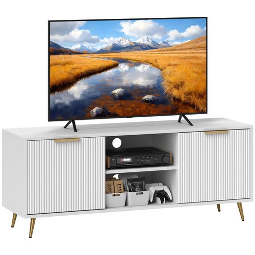White TV stand cabinet with ribbed side doors, open center shelf, and gold tapered legs