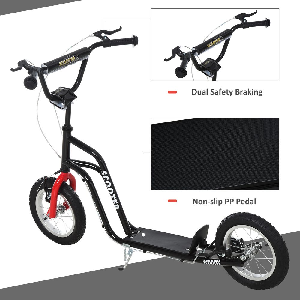 Kids kick scooter with black frame, red front wheel, padded deck, kickstand