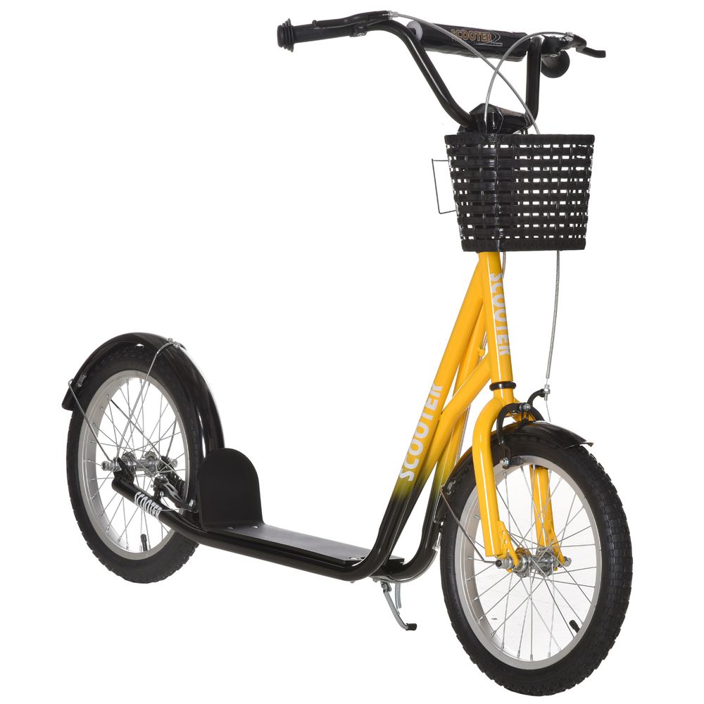 Kids ride-on scooter with orange frame, front black basket, and inflatable rubber tires