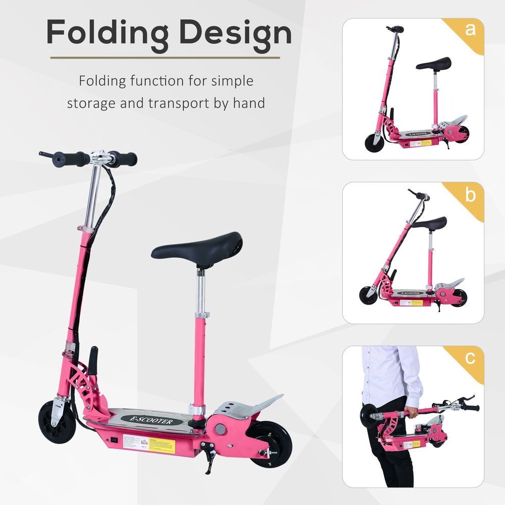 Pink electric scooter with foldable frame shown in upright and folded views