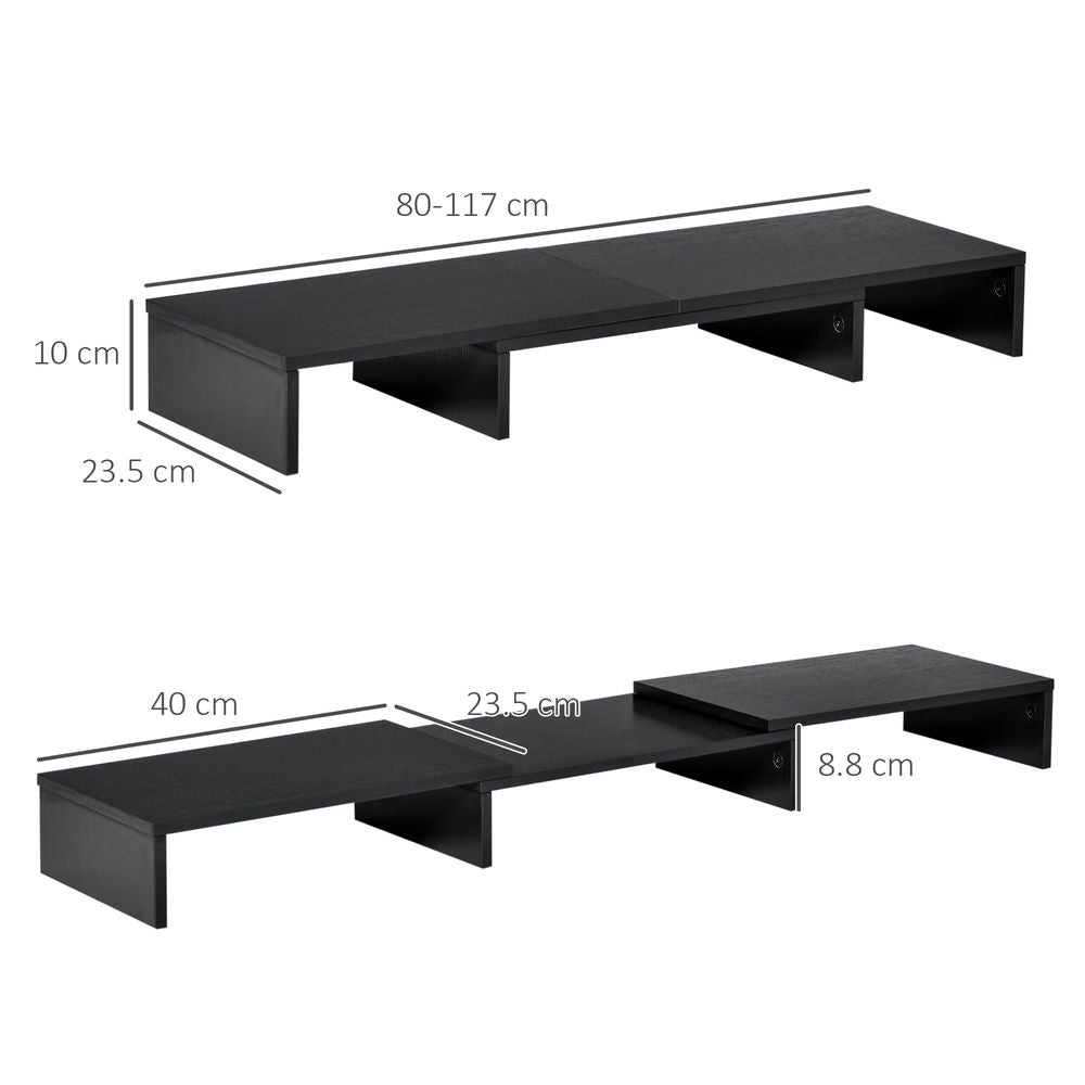 Black dual monitor stand riser with size measurements, multi-tier angled design