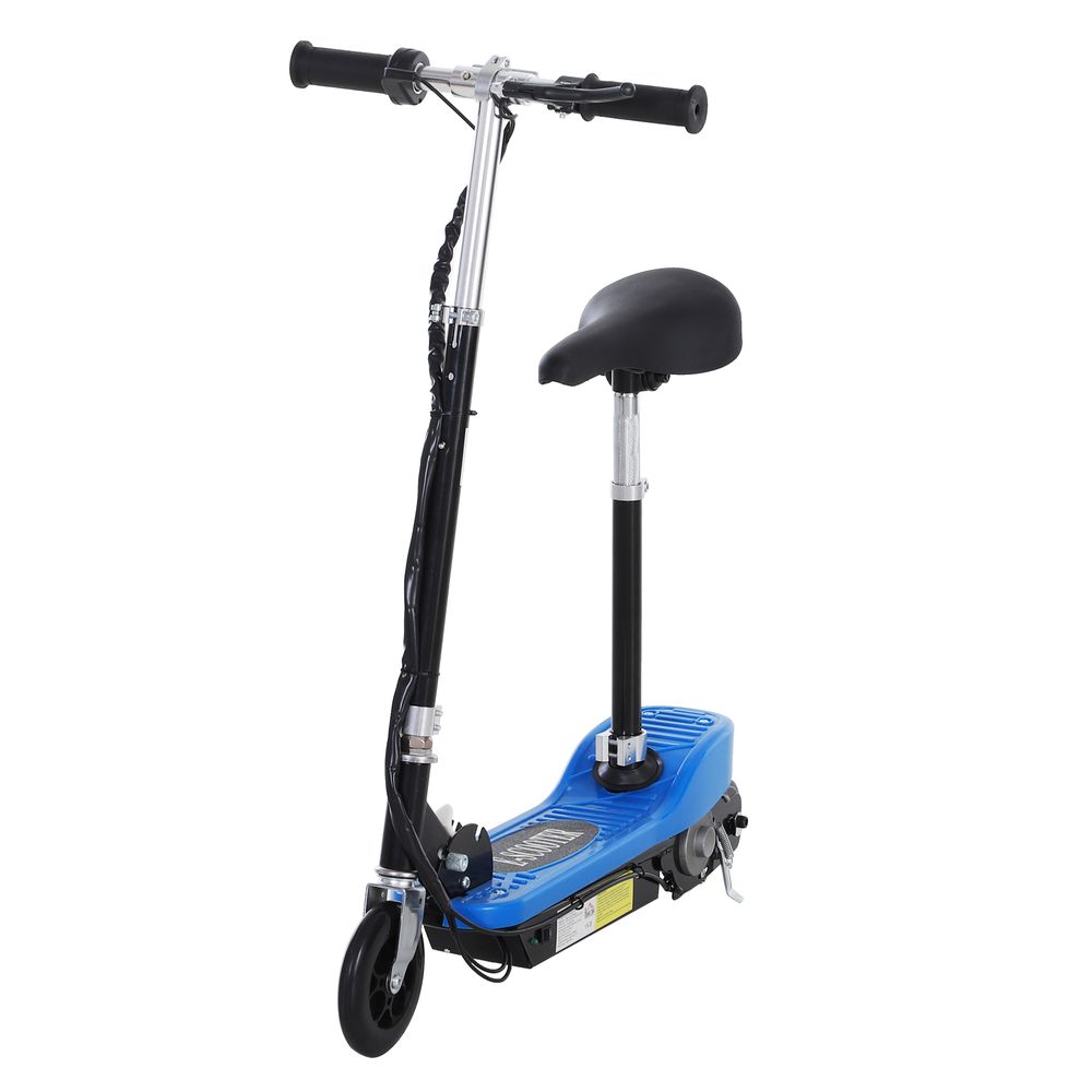 Kids electric ride-on scooter with blue deck, black handlebar grips, and front wheel